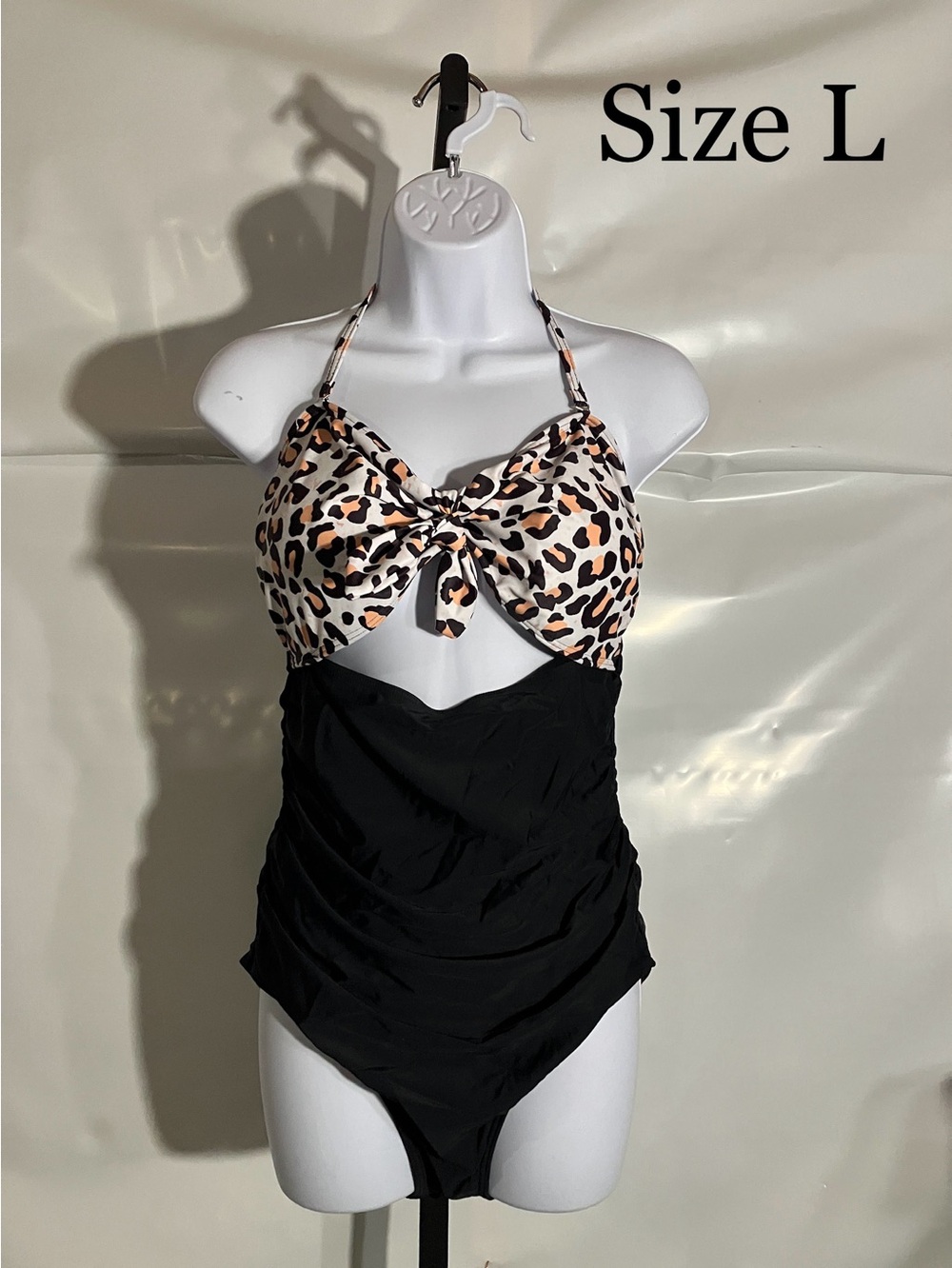 Women’s Halter Leopard Print & Black One-Piece Swimsuit Size Large